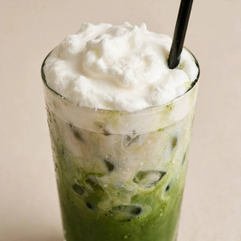 Iced cloud matcha latte topped with thick cheese foam