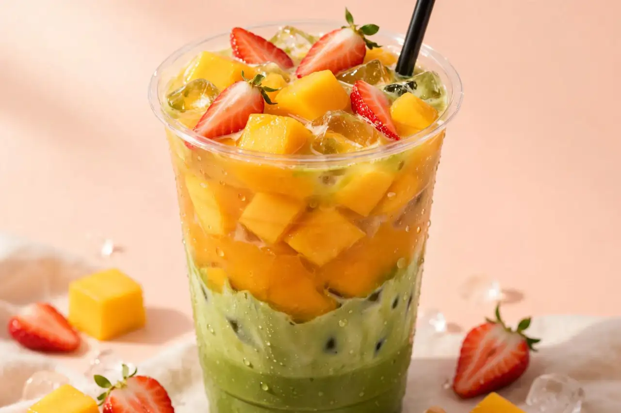 Iced matcha drink with mango chunks and strawberry slices