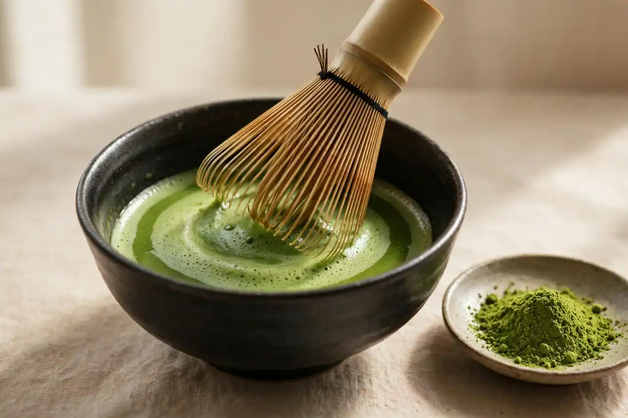 Bamboo whisk frothing bright green matcha tea in a ceramic bowl